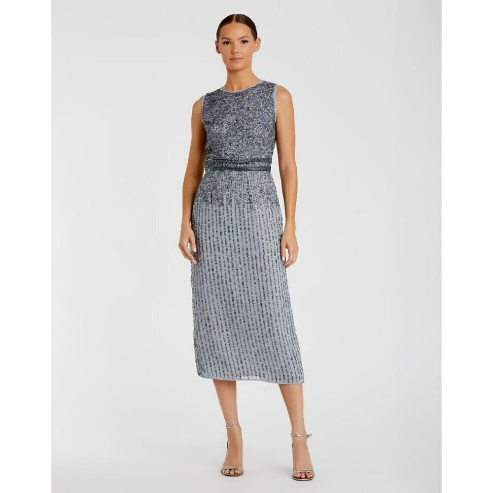 Mac Duggal Size 8 Gray A10509 Sequin Sleeveless Cocktail Party Midi Dress New